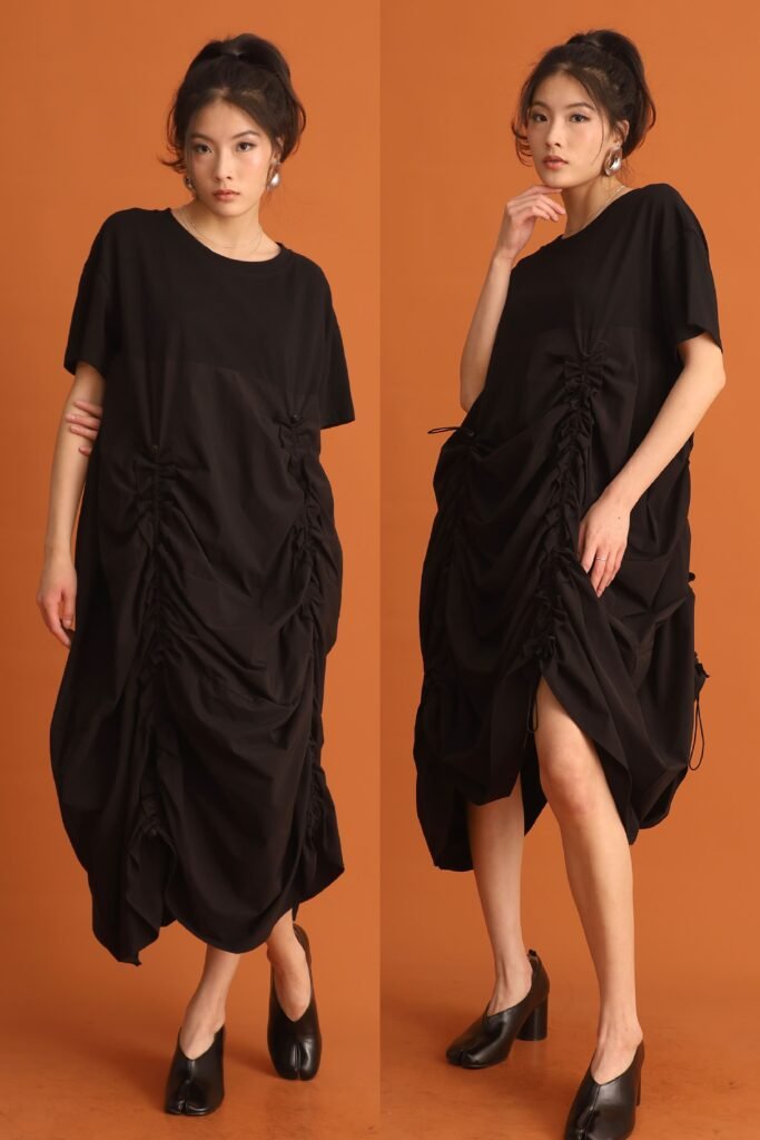 CHOSEN - Jiwon Ruched Drawstring Dress in Black